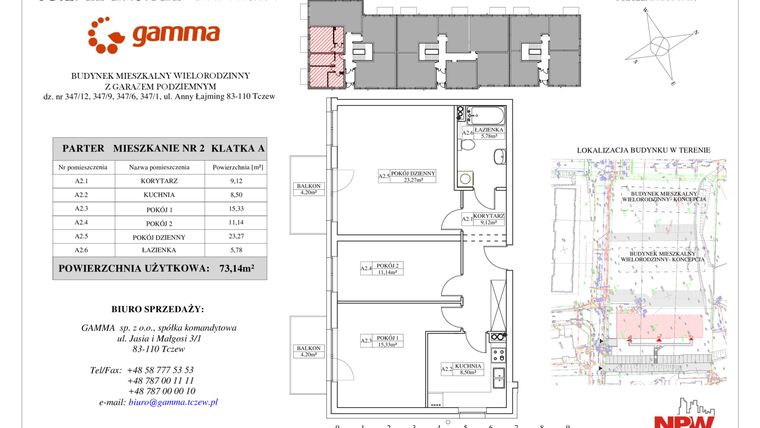 Rzut - Mieszkanie na sprzedaż 3 pokoje o powierzchni 73,14 m² - numer A2 w Nowe Osiedle Zacisze
