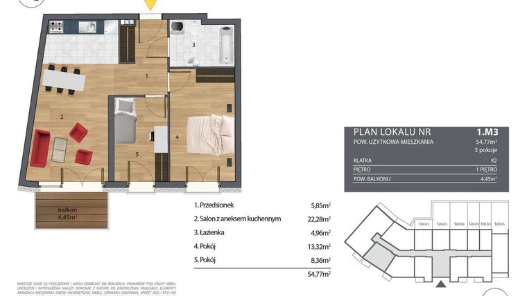 Rzut - Mieszkanie na sprzedaż 3 pokoje o powierzchni 55,45 m² - numer K2.1.M3 w Nyska Residence