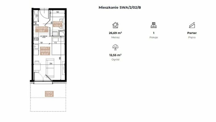 Rzut - Mieszkanie na sprzedaż 1 pokój o powierzchni 26,65 m² - numer SWA/2/02/B w Apartamenty Świeradowska