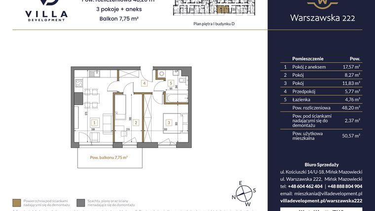 Rzut - Mieszkanie na sprzedaż 3 pokoje o powierzchni 48,2 m² - numer 9 w Warszawska 222 bud. D