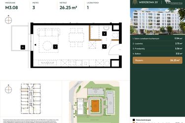 Rzut - Mieszkanie na sprzedaż 1 pokój o powierzchni 26,25 m² - numer 2.M3.08 w Wierzbowa 20
