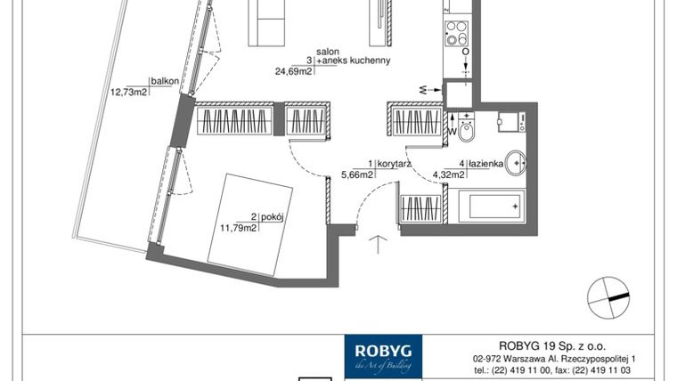 Rzut - Mieszkanie na sprzedaż 2 pokoje o powierzchni 46,12 m² - numer RM/1A/A/1/8 w Rytm Mokotowa - etap 1A