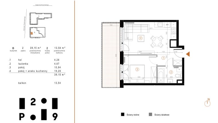 Rzut - Mieszkanie na sprzedaż 2 pokoje o powierzchni 39,15 m² - numer B13 w Paderewskiego 29