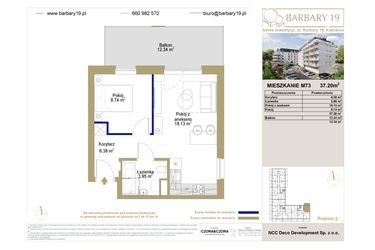 Rzut - Mieszkanie na sprzedaż 2 pokoje o powierzchni 37,2 m² - numer 73 w Barbary 19