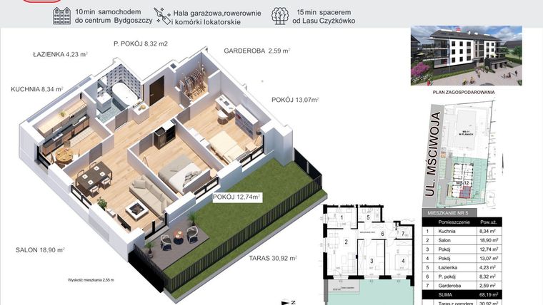 Rzut - Mieszkanie na sprzedaż 3 pokoje o powierzchni 68,19 m² - numer 5 w Mściwoja MS-12