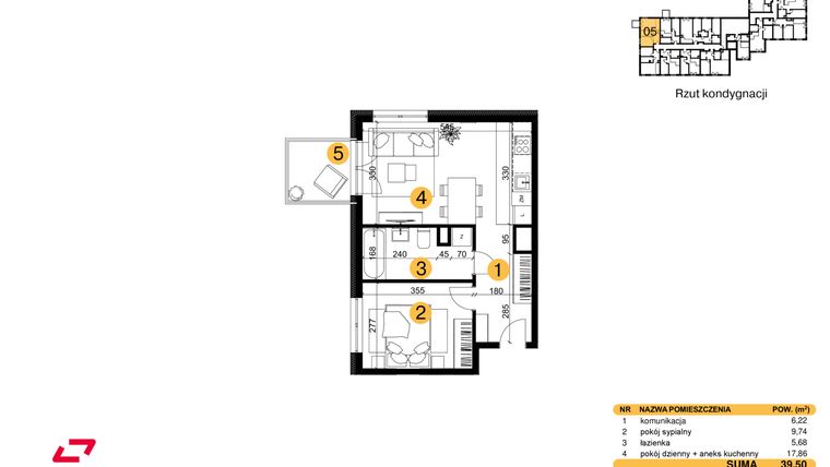 Rzut - Mieszkanie na sprzedaż 2 pokoje o powierzchni 39,5 m² - numer M05 w Punkt Wola