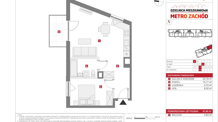 Rzut - Mieszkanie na sprzedaż 2 pokoje o powierzchni 47,65 m² - numer 13.1.A.104 w Dzielnica Mieszkaniowa Metro Zachód - etap 13