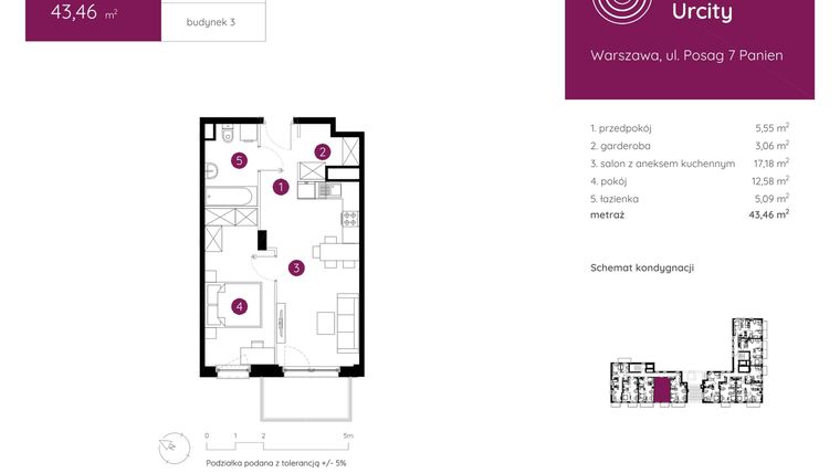 Rzut - Mieszkanie na sprzedaż 2 pokoje o powierzchni 43,46 m² - numer 3.B.8.02 w Murapol Urcity