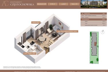 Rzut - Mieszkanie na sprzedaż 1 pokój o powierzchni 27,35 m² - numer 45 w Apartamenty Częstochowska