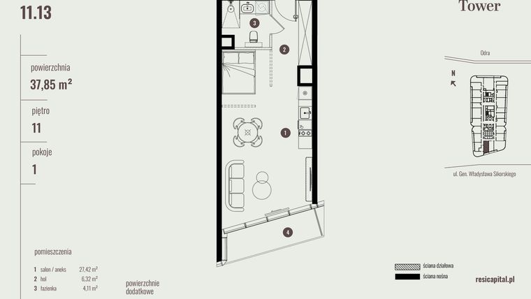 Rzut - Mieszkanie na sprzedaż 1 pokój o powierzchni 37,85 m² - numer 11.13 w Quorum Tower