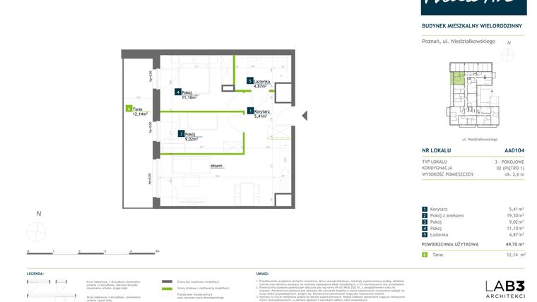 Rzut - Mieszkanie na sprzedaż 3 pokoje o powierzchni 49,7 m² - numer AA0104 w Vilda Arte