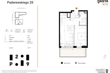 Rzut - Mieszkanie na sprzedaż 2 pokoje o powierzchni 40,74 m² - numer B16 w Paderewskiego 29