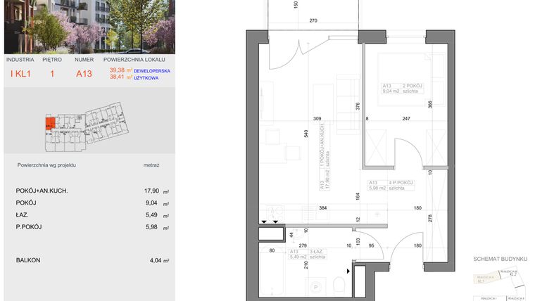 Rzut - Mieszkanie na sprzedaż 2 pokoje o powierzchni 38,41 m² - numer I-A13 w Industria etap I-A