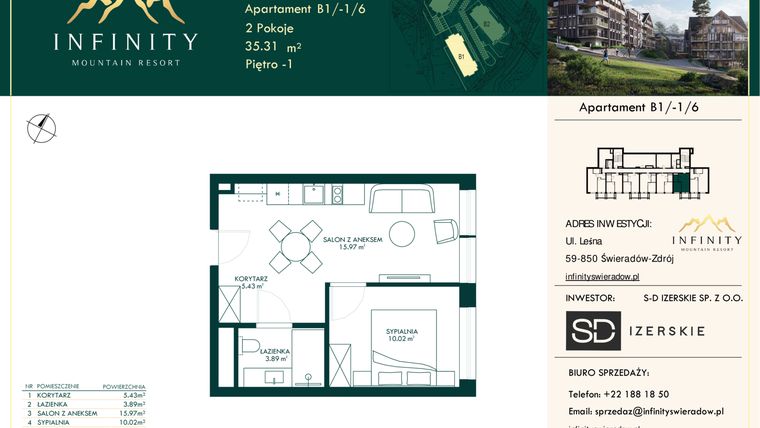 Rzut - Mieszkanie na sprzedaż 2 pokoje o powierzchni 35,31 m² - numer B1/-1/6 w Infinity Mountain Resort etap 2