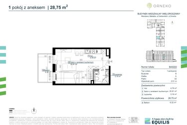 Rzut - Mieszkanie na sprzedaż 1 pokój o powierzchni 28,75 m² - numer BA0222 w Orneko