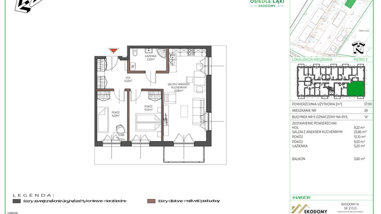 Rzut - Mieszkanie na sprzedaż 3 pokoje o powierzchni 57,85 m² - numer 29 w Osiedle Polna bud. 5