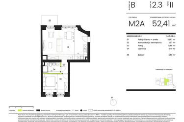 Rzut - Mieszkanie na sprzedaż 2 pokoje o powierzchni 52,41 m² - numer B.2.3 w Ogrody Staromiejskie