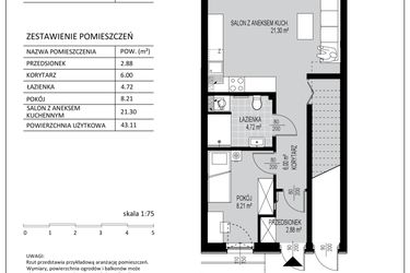 Rzut - Mieszkanie na sprzedaż 2 pokoje o powierzchni 43,11 m² - numer C11 w Kowalove etap 2