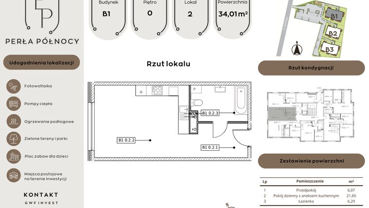 Rzut - Mieszkanie na sprzedaż 1 pokój o powierzchni 34,01 m² - numer B1.0_2 w Perła Północy etap 2