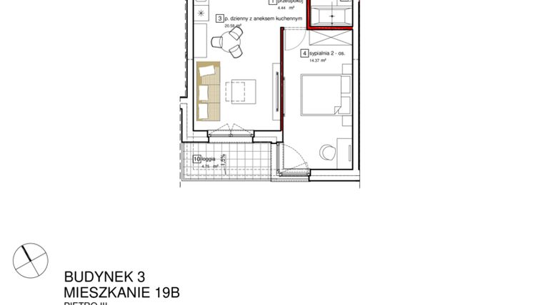 Rzut - Mieszkanie na sprzedaż 2 pokoje o powierzchni 45,05 m² - numer B3.B.3.019 w Apartamenty Karolinki