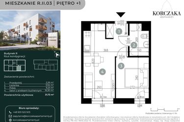 Rzut - Mieszkanie na sprzedaż 2 pokoje o powierzchni 31,73 m² - numer R.II.03 w Korczaka Apartamenty