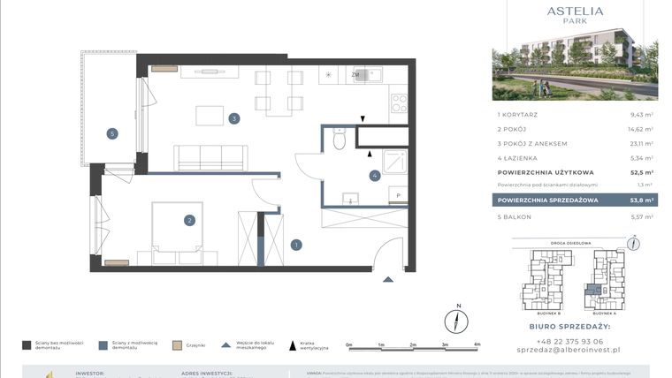 Rzut - Mieszkanie na sprzedaż 2 pokoje o powierzchni 52,5 m² - numer 3.1A.27 w Astelia Park etap 1A i 3