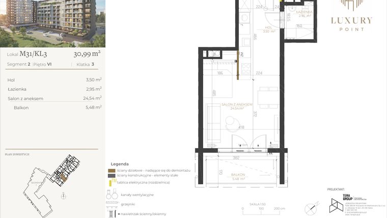 Rzut - Mieszkanie na sprzedaż 1 pokój o powierzchni 30,99 m² - numer M31/KL3 w LUXURY POINT