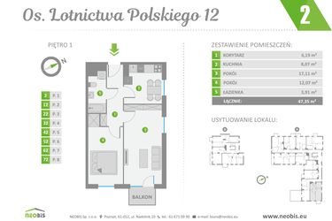 Rzut - Mieszkanie na sprzedaż 2 pokoje o powierzchni 47,35 m² - numer 2 w Os. Lotnictwa Polskiego 12