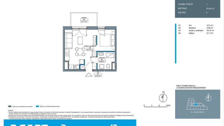 Rzut - Mieszkanie na sprzedaż 1 pokój o powierzchni 33,61 m² - numer A.4.1 w Rakoczego 17