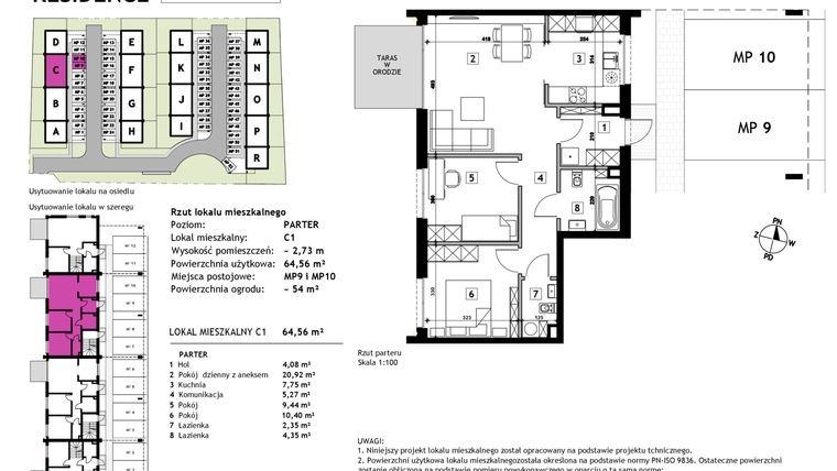 Rzut - Mieszkanie na sprzedaż 3 pokoje o powierzchni 64,56 m² - numer C1 w Złotno Residence
