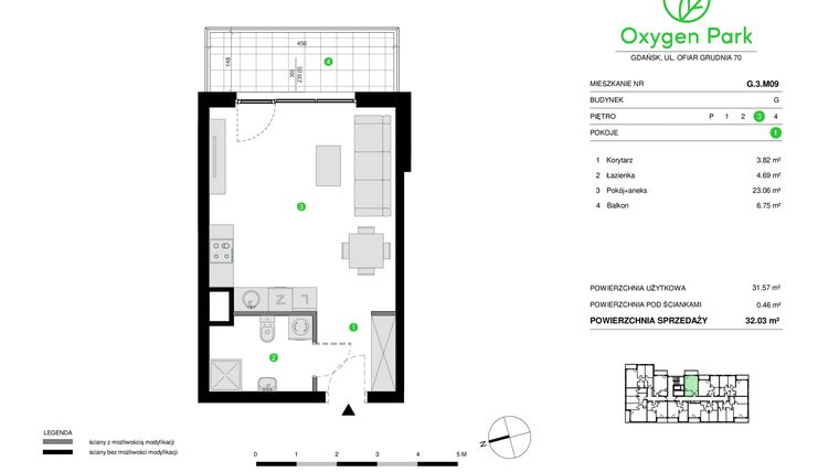 Rzut - Mieszkanie na sprzedaż 1 pokój o powierzchni 32,03 m² - numer G.3.M09 w Oxygen Park etap III