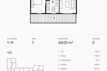 Rzut - Mieszkanie na sprzedaż 2 pokoje o powierzchni 54,01 m² - numer 1-11 w Pączka 1