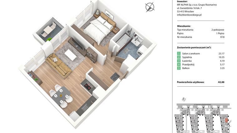 Rzut - Mieszkanie na sprzedaż 2 pokoje o powierzchni 42,88 m² - numer K18 w Nowe Żerniki Bieńkowskiego etap II