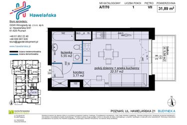 Rzut - Mieszkanie na sprzedaż 1 pokój o powierzchni 31,89 m² - numer A/7/70 w Osiedle Hawelańska etap III - bud. A