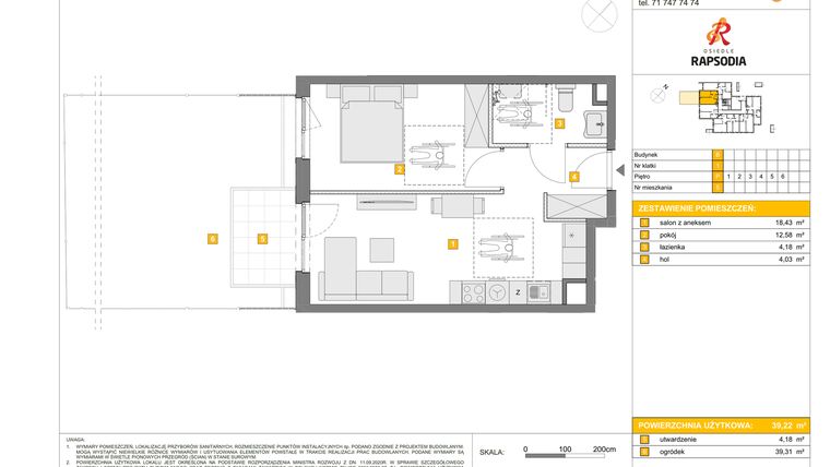 Rzut - Mieszkanie na sprzedaż 2 pokoje o powierzchni 39,22 m² - numer B.5 w Osiedle Rapsodia etap 2