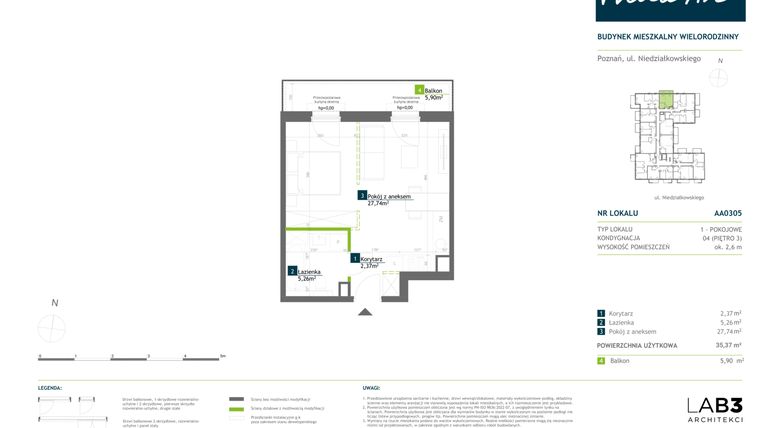 Rzut - Mieszkanie na sprzedaż 1 pokój o powierzchni 35,34 m² - numer AA0305 w Vilda Arte