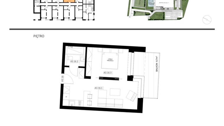 Rzut - Mieszkanie na sprzedaż 2 pokoje o powierzchni 39,22 m² - numer A3.16 w Apartamenty Dźwirzyno