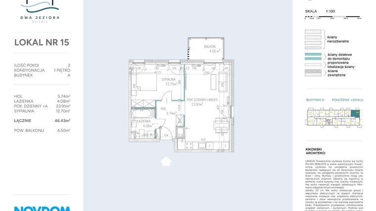 Rzut - Mieszkanie na sprzedaż 2 pokoje o powierzchni 46,43 m² - numer A.15 w Dwa Jeziora