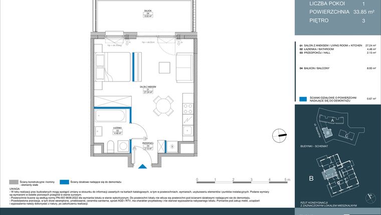 Rzut - Mieszkanie na sprzedaż 1 pokój o powierzchni 33,84 m² - numer B.1.4.5 w Meri Apartamenty