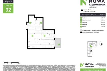 Rzut - Mieszkanie na sprzedaż 2 pokoje o powierzchni 48,77 m² - numer M32 w Nowa Częstochowa Mościckiego