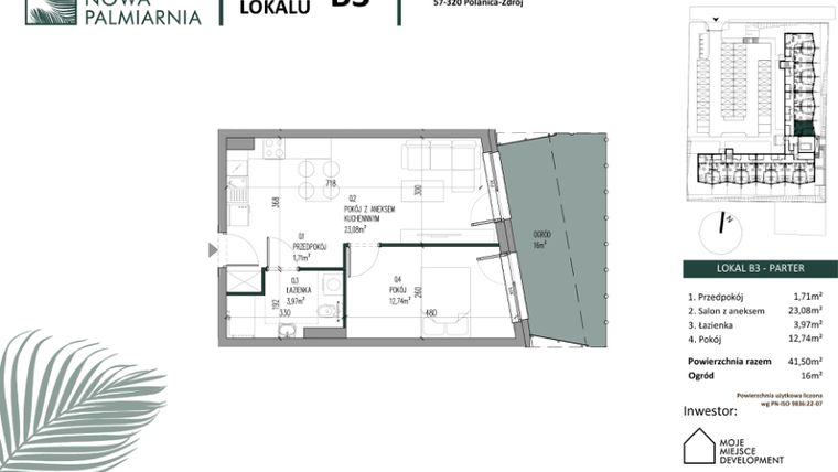 Rzut - Mieszkanie na sprzedaż 2 pokoje o powierzchni 41,5 m² - numer B03 w Nowa Palmiarnia