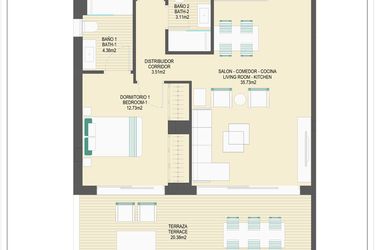 Rzut - Mieszkanie na sprzedaż 3 pokoje o powierzchni 90,78 m² - numer B63A w Arrecife by UrbinCasa