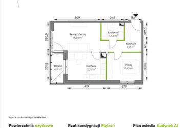 Rzut - Mieszkanie na sprzedaż 2 pokoje o powierzchni 53,58 m² - numer A1/01/16 w WUWA Vita