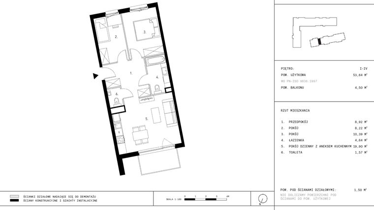 Rzut - Mieszkanie na sprzedaż 3 pokoje o powierzchni 53,71 m² - numer I9.2 w Myśliborska III etap