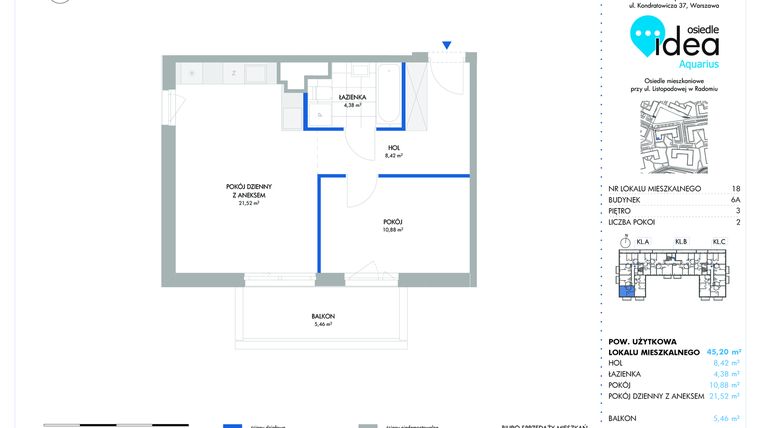 Rzut - Mieszkanie na sprzedaż 2 pokoje o powierzchni 45,2 m² - numer 6A/18 w Osiedle Idea Aquarius