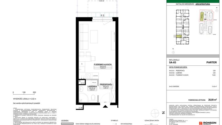 Rzut - Mieszkanie na sprzedaż 1 pokój o powierzchni 26,09 m² - numer 5A-03 w Nowa Północ etap 2A