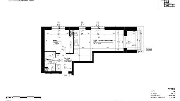 Rzut - Mieszkanie na sprzedaż 2 pokoje o powierzchni 49,33 m² - numer A/0/1 w Świerzawska 13