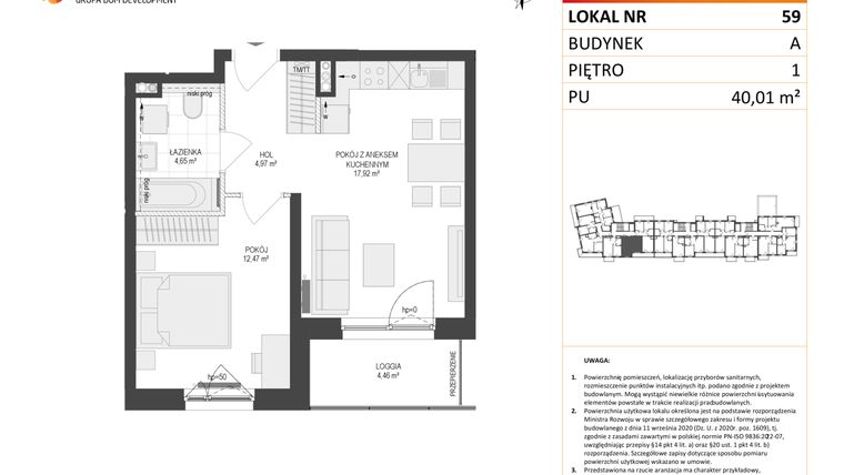 Rzut - Mieszkanie na sprzedaż 2 pokoje o powierzchni 40,01 m² - numer A59 w Osiedle Warszawska etap IV