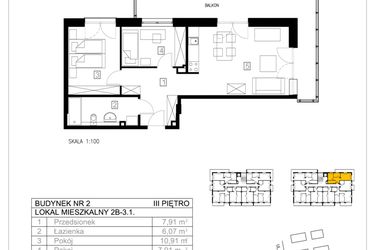 Rzut - Mieszkanie na sprzedaż 3 pokoje o powierzchni 54,66 m² - numer 2B-3.1 w Gardenia Pogodno
