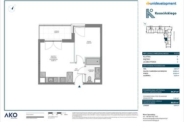Rzut - Mieszkanie na sprzedaż 1 pokój o powierzchni 35,53 m² - numer F/170 w Kusocińskiego - Budynek B